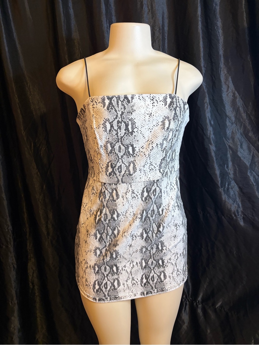 Spaghetti Strap Snake-Print Mini Dress in Black & White